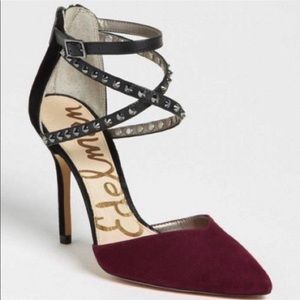 Sam Edelman Darla suede two tone burgundy and black studded pointed heels, 7.5